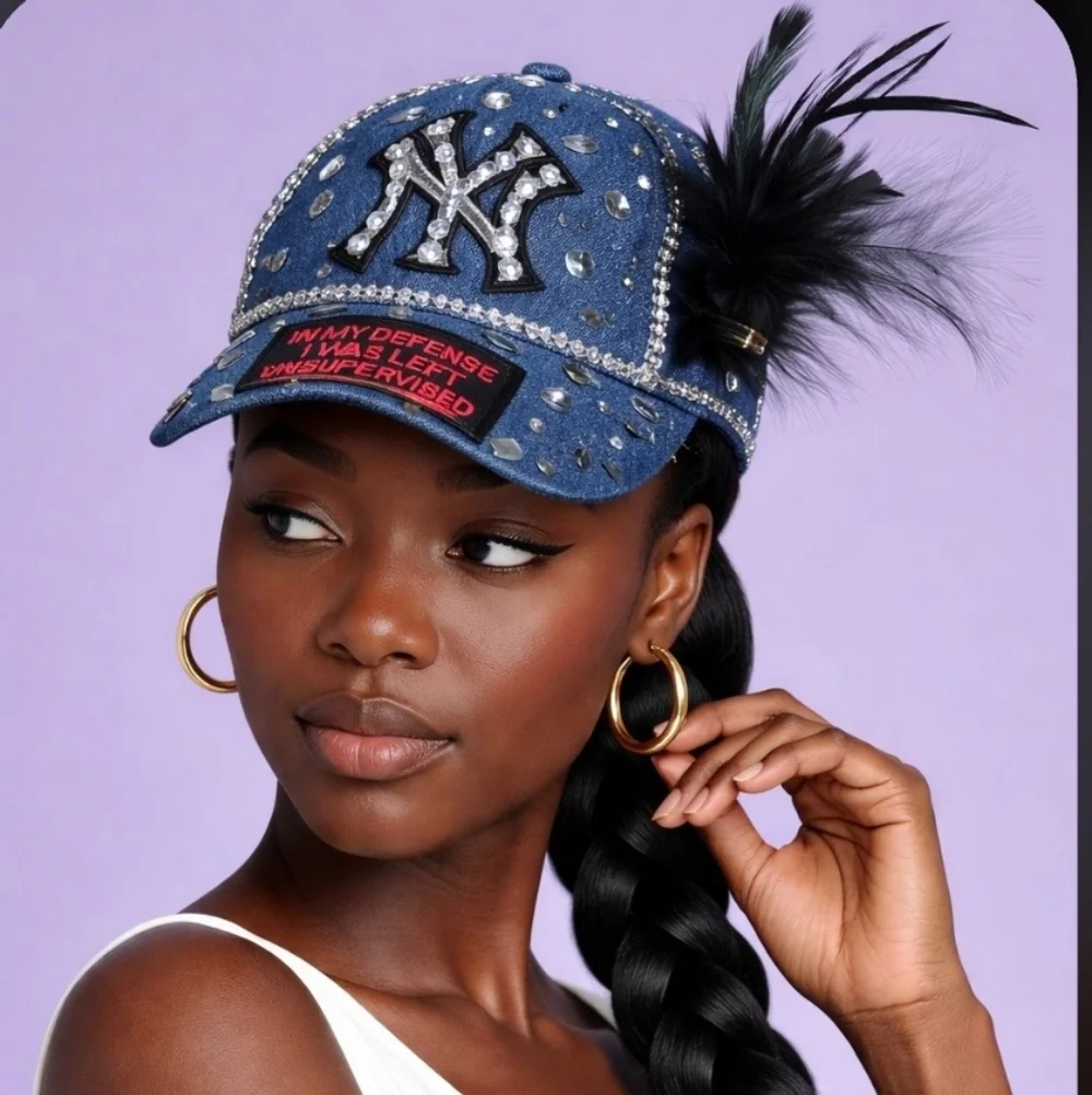 Stylish Blue NYC with Feather and Rhinestones
